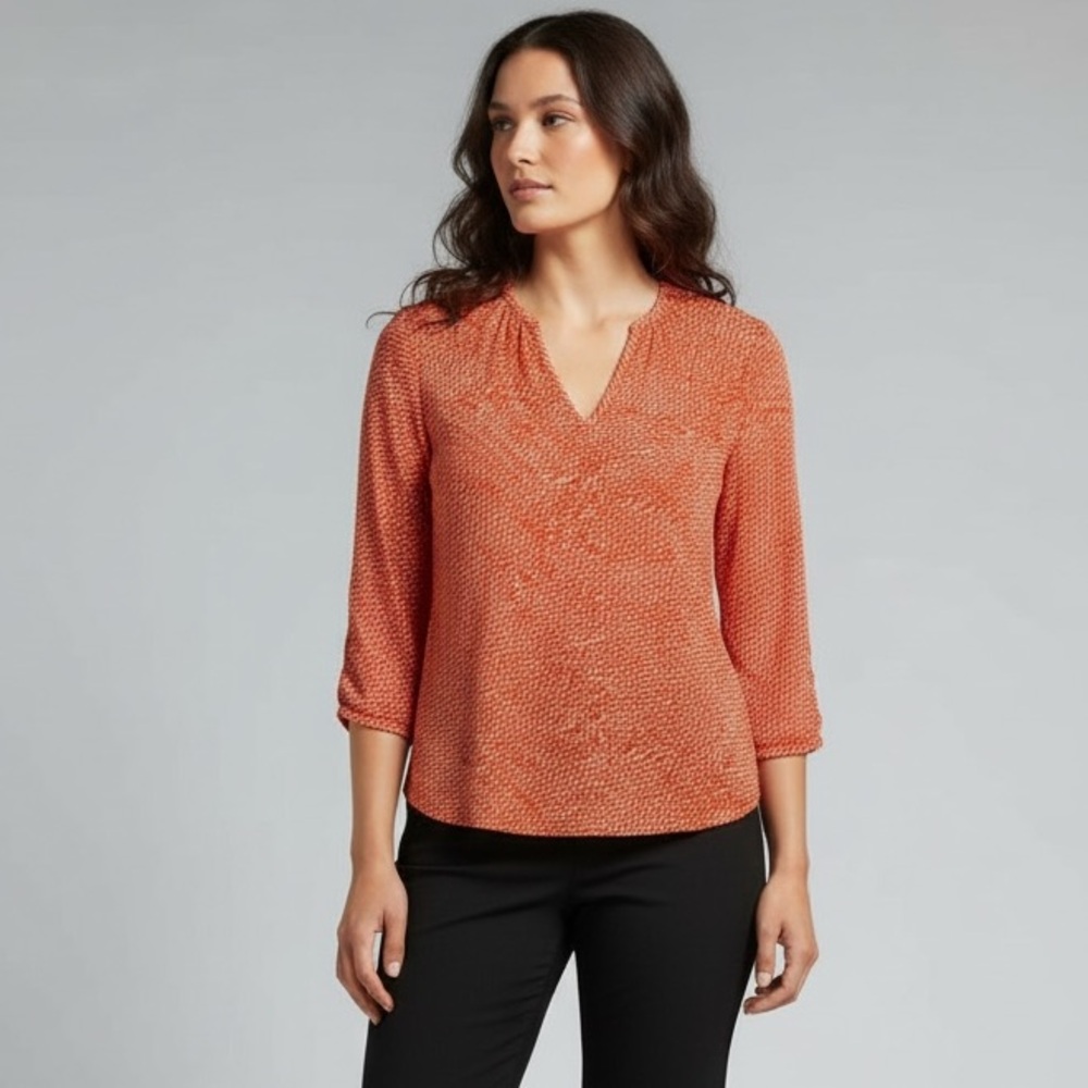 Dalia Women’s V-Neck Stretch Tunic Top Small Orange Red 3/4 Sleeve Summer - Picture 2 of 12